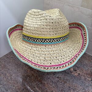 Cappella Straworld Crochet Straw Cowboy Hat, Colorful Trim, Wired Edge, EUC